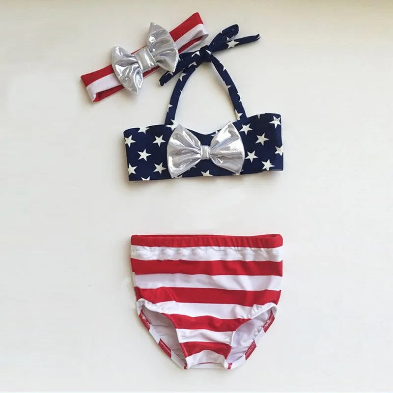 Girls' XINGX bowknot three-piece swimsuit in milk silk and polyester, colour CC00734, sizes 90-130 yards