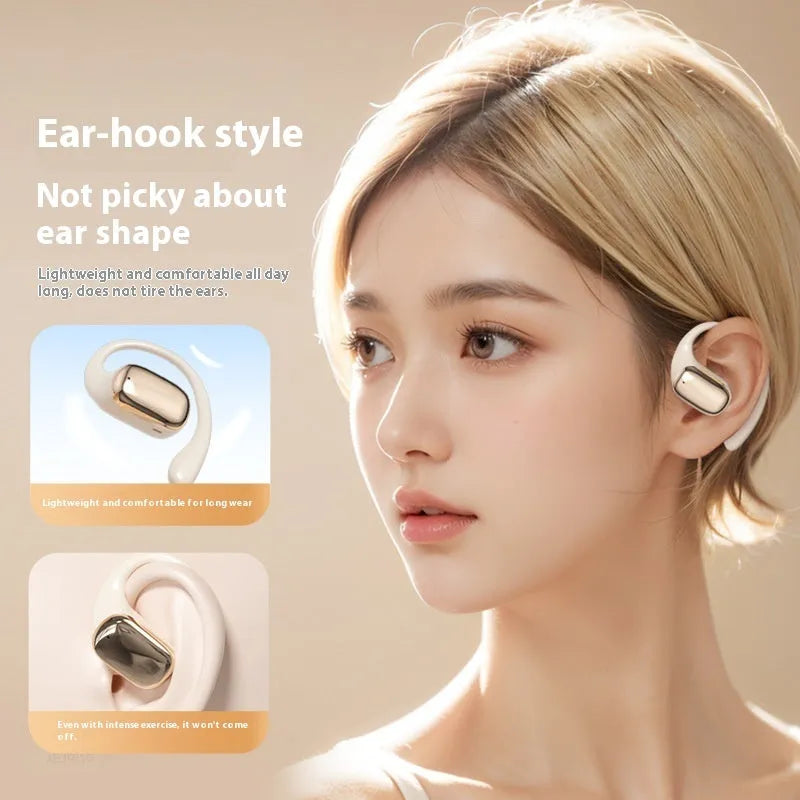 Ear-mounted headphones with digital display screen showing battery percentage, available in black colour