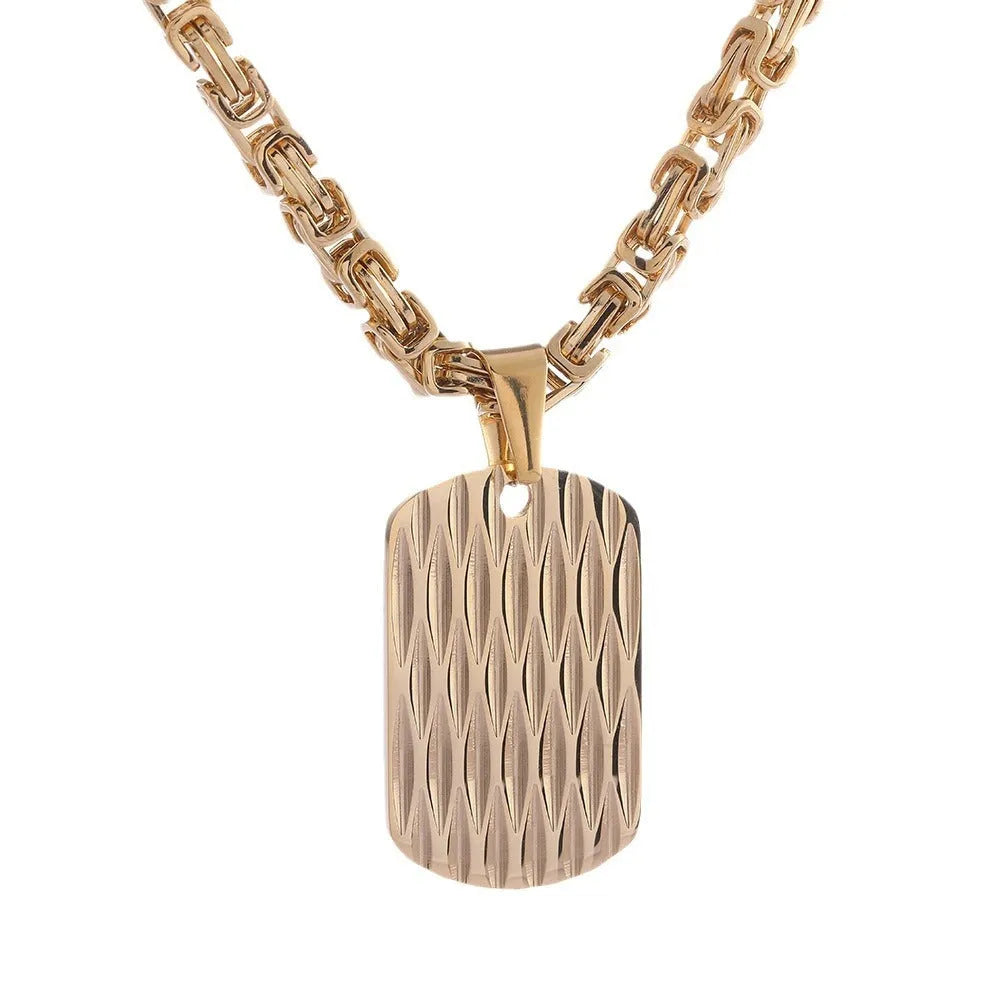 Men's titanium steel water ripple geometric pendant necklace on Emperor Chain in black, gold, or silver.
