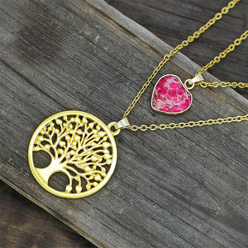 2-layer red heart emperor stone life tree pendant necklace for women