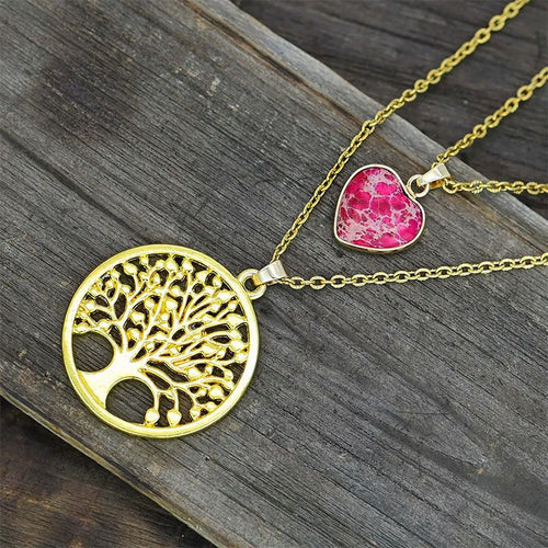 2-layer red heart emperor stone life tree pendant necklace for women