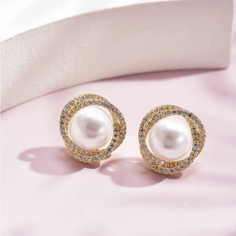 Diamond Rose Pearl Stud Earrings with Rhinestone Inlay Copper Silver Needle Geometric Korean Style White Gold