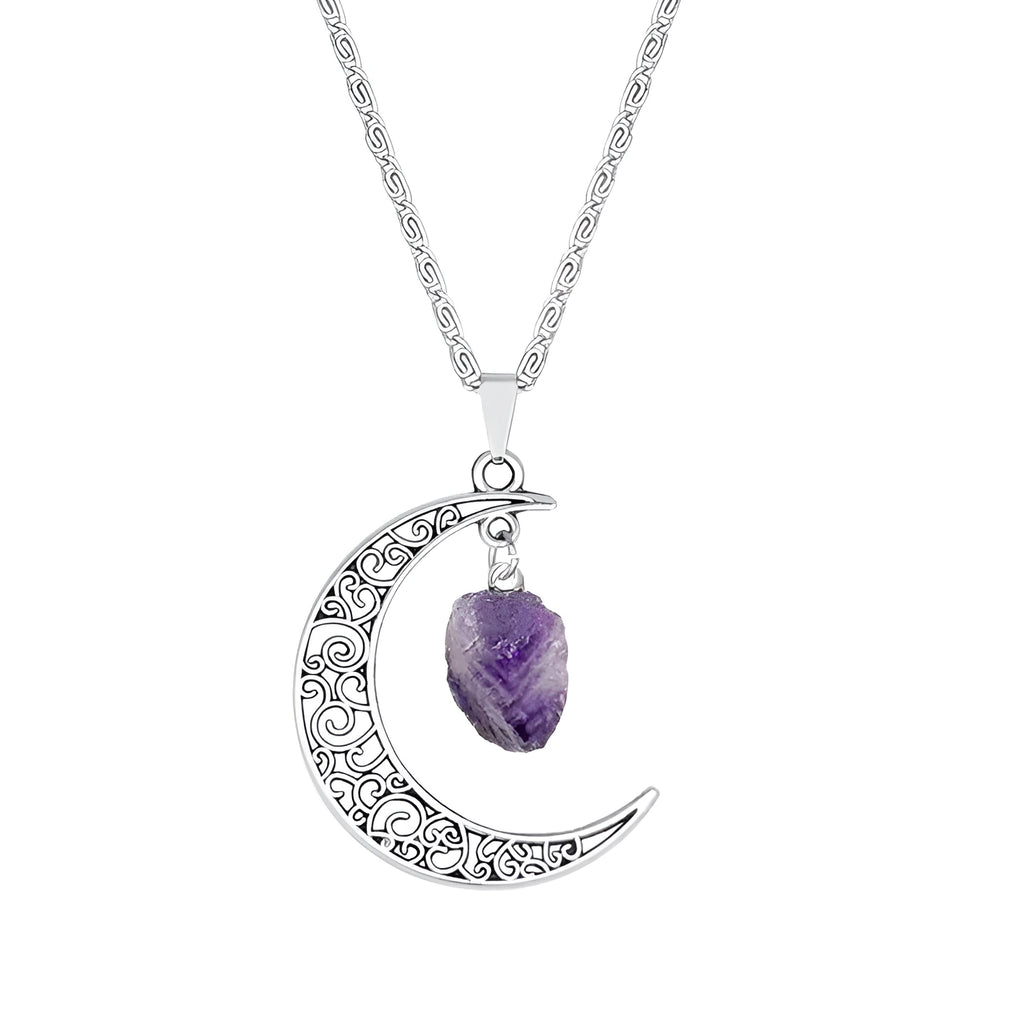 Vintage purple natural stone moon pendant necklace on Figaro chain, silver tone, women's jewellery