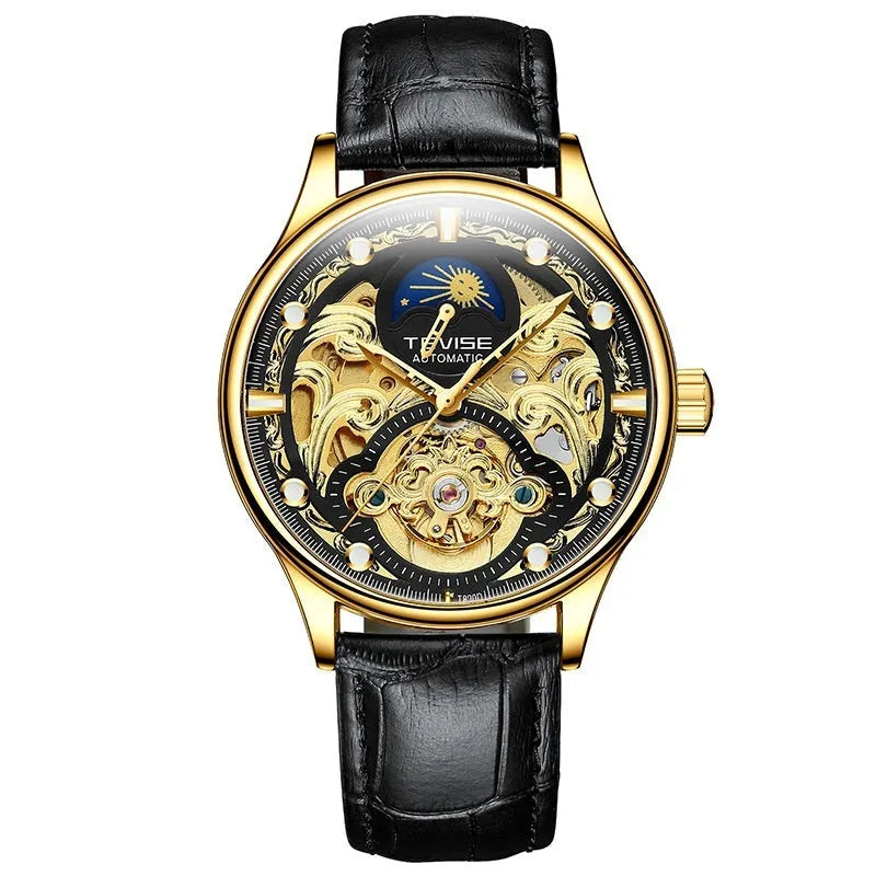 Men's gold and white leather strap automatic waterproof mechanical watch.