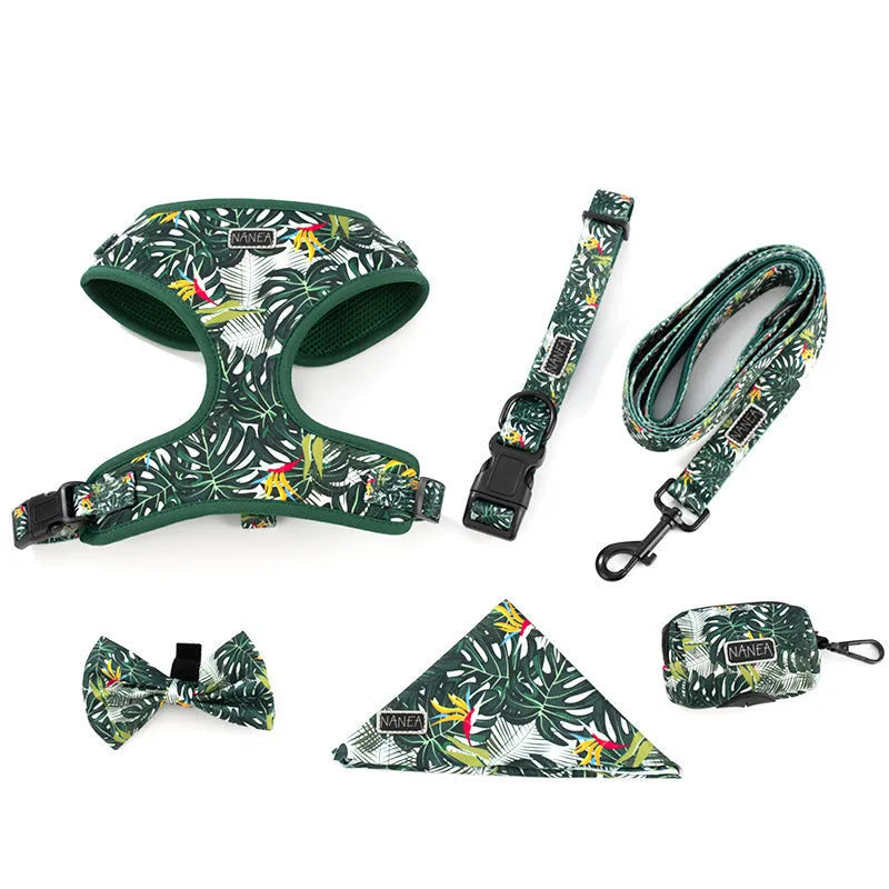 Adjustable cloth dog harness and leash six-piece set with collar, waste bag, bow tie and scarf