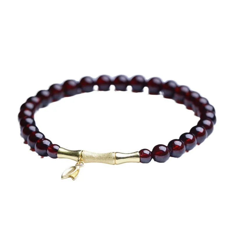 Handmade natural garnet bamboo joint bracelet in copper or silver finish, 6mm bead size.