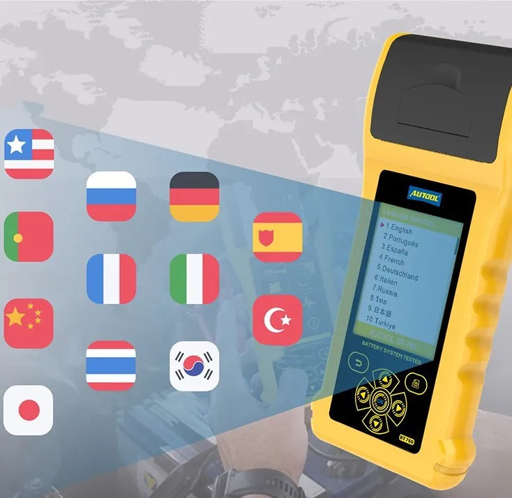 Autool BT760 digital vehicle battery tester with colour screen, test clips, and thermal printer.