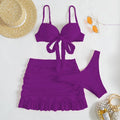 Women's three-piece swimwear set with bow detail in multiple colour options showing waist and hip measurements