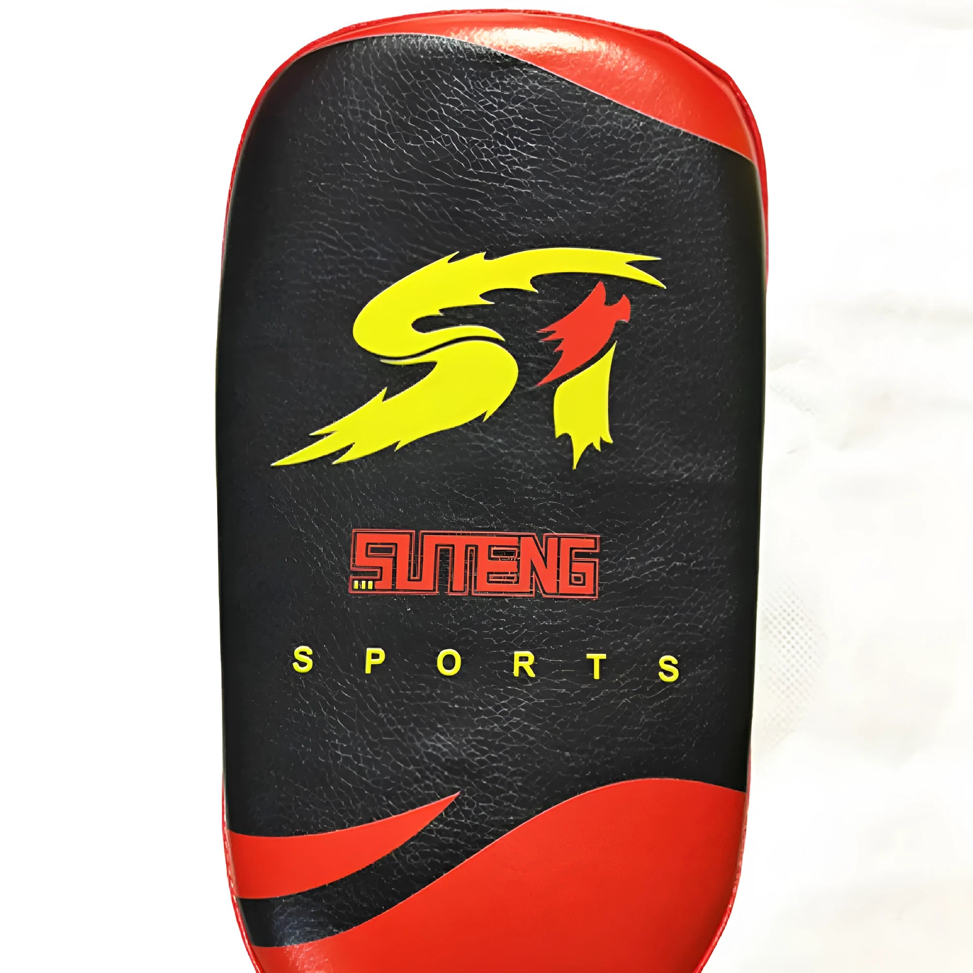 Black and red PU leather hand-held boxing training pad with buckle strap.