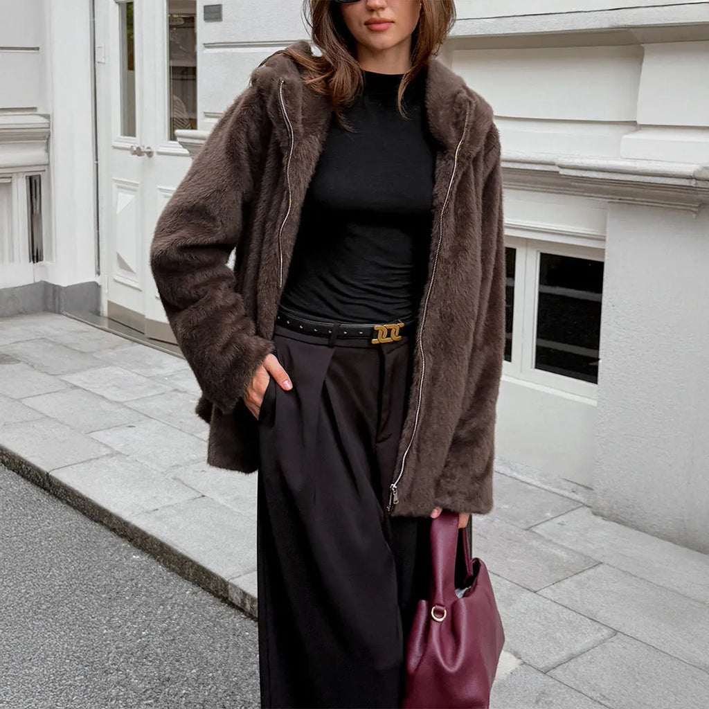Women's brown polyester fur collar coat with long sleeves, front view