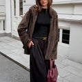 Women's brown polyester fur collar coat with long sleeves, front view