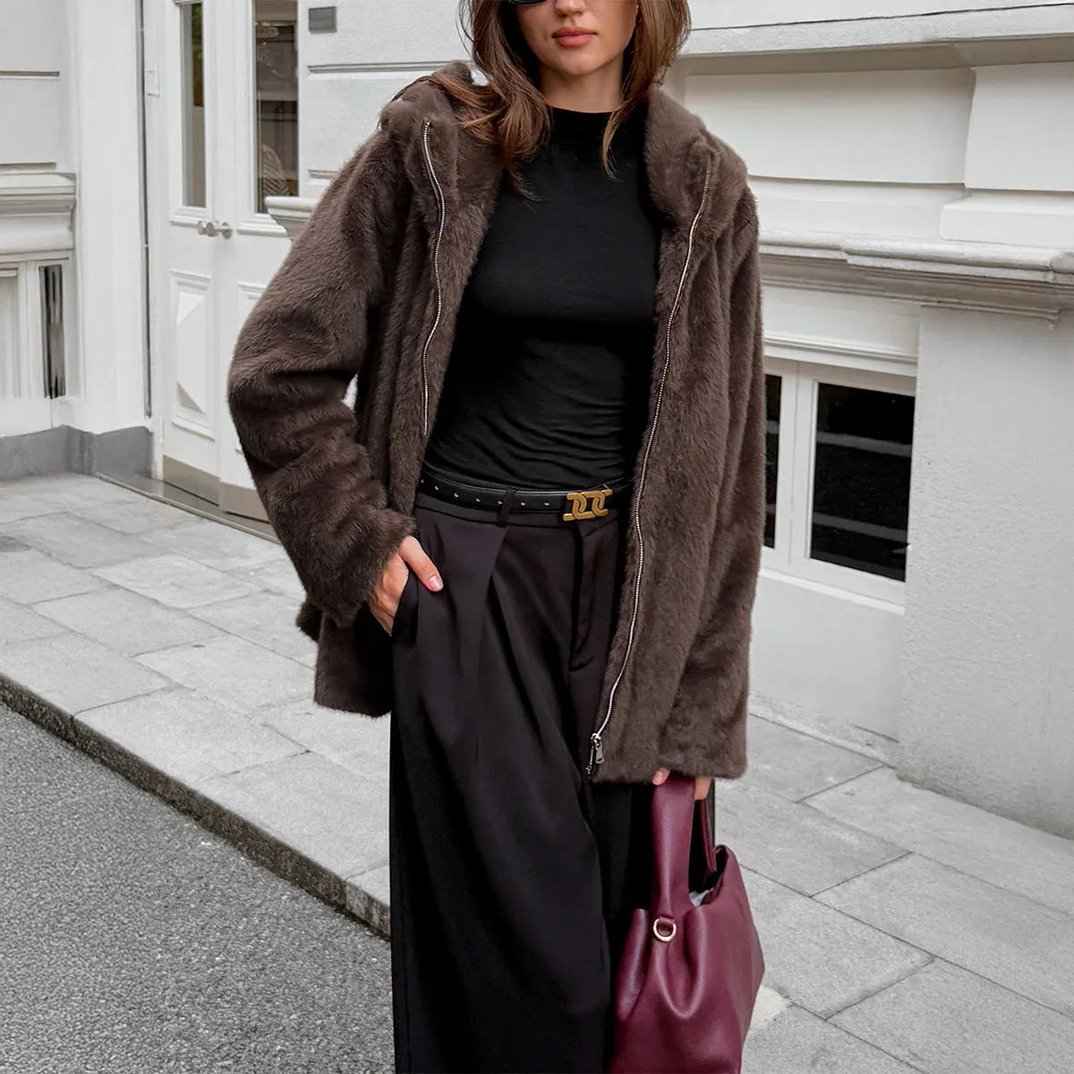 Women's brown polyester fur collar coat with long sleeves, front view