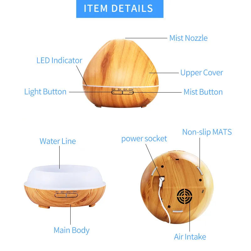 500ml air humidifier aromatherapy machine in dark wood or light wood with AU EU UK or US plug