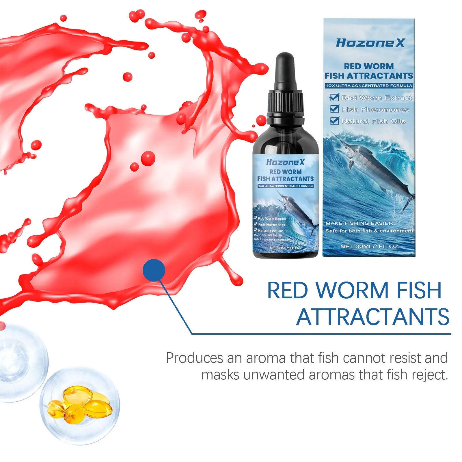 30ml red worm formula fishing bait attractant bottle with fish oil and dried shrimp powder ingredients