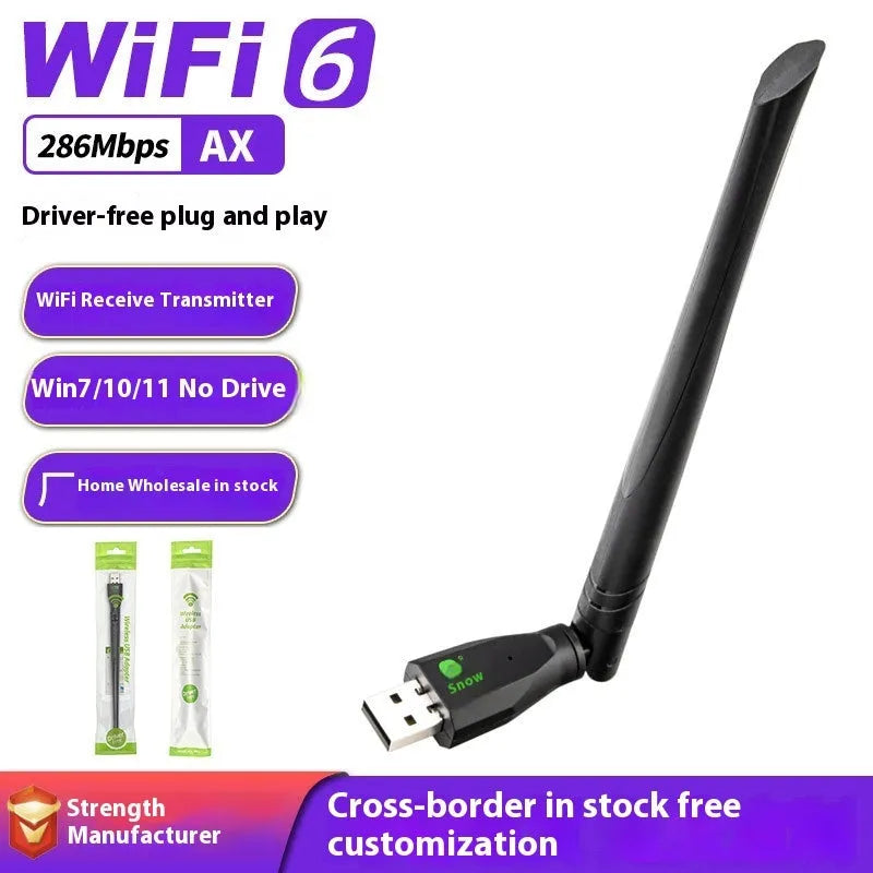 Black USB WiFi 6 wireless network card dongle for laptop and PC connectivity.