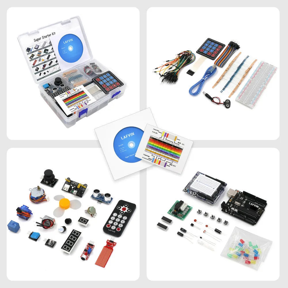 LAFVIN Arduino UNO R3 Super Starter Kit with blue board, breadboard, jumper wires, sensors, and motors laid out.
