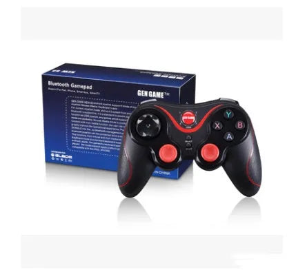 Upgraded X3 black Bluetooth wireless game controller for Android phones with attached phone clip.
