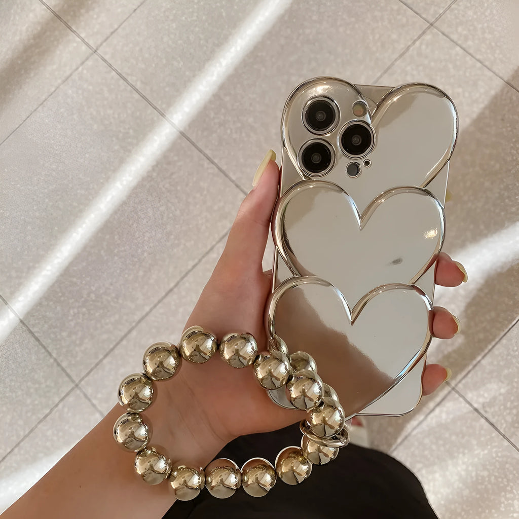 Electroplating love design TPU soft shell iPhone case shown on phone with optional matching bracelet