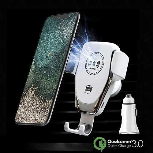 Black car wireless charger with automatic arms, mounted on a car air vent, charging an iPhone.
