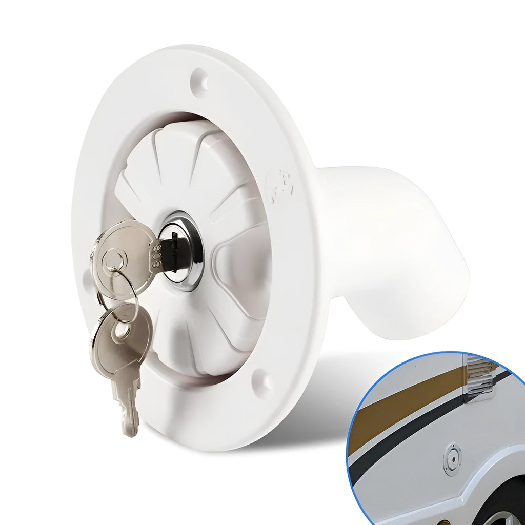 White RV gravity water filling port with 80mm mounting hole and 38mm hose connector