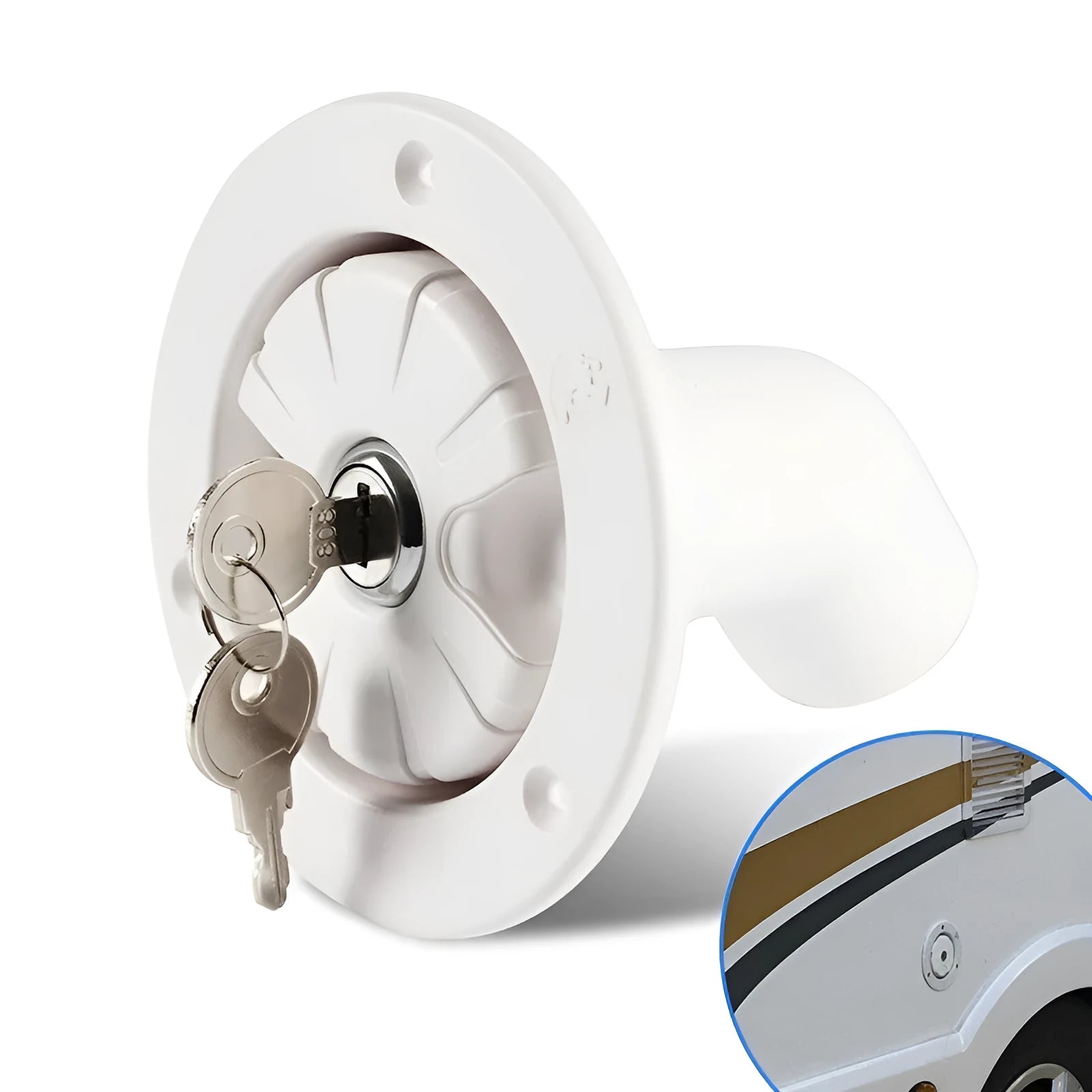 White RV gravity water filling port with 80mm mounting hole and 38mm hose connector