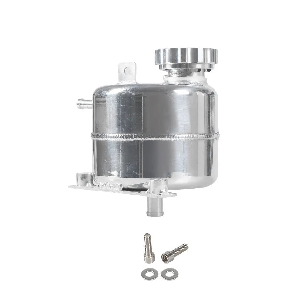 Polished aluminum alloy coolant tank direct replacement for BMW Mini, black colour option, in engine bay