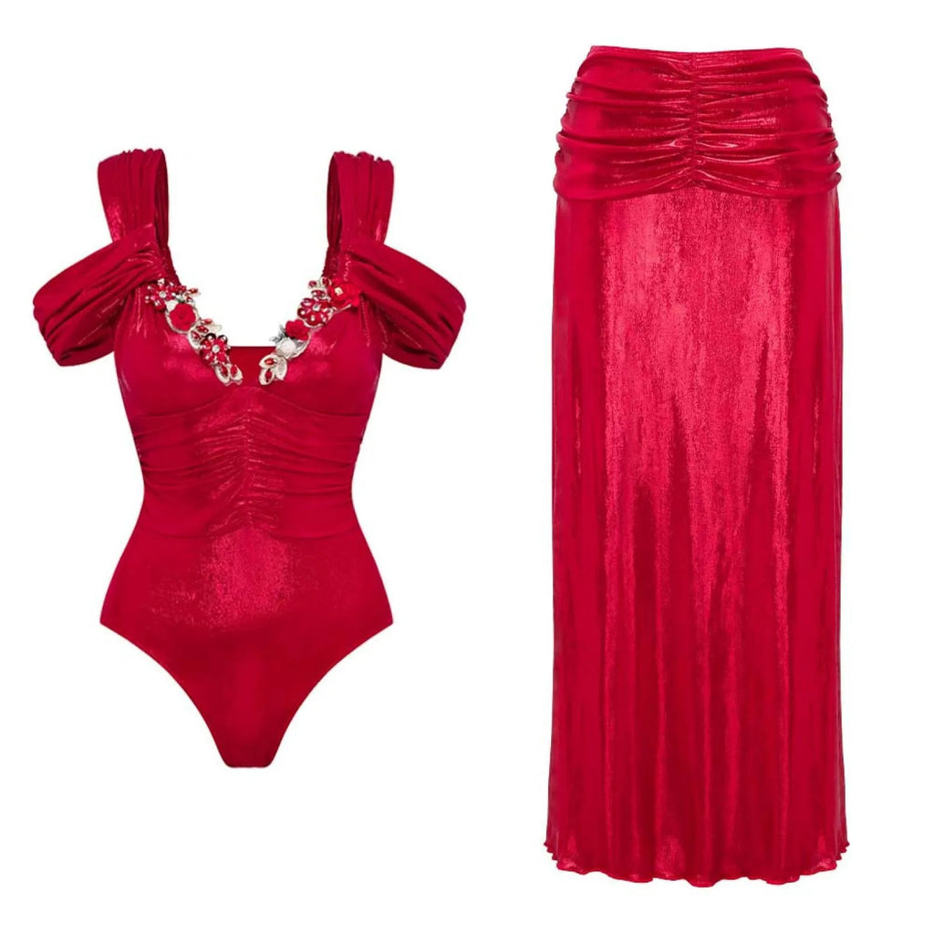Women's floral swimsuit set with spaghetti straps, one-piece and two-piece options, in pink, red, blue, or gold.