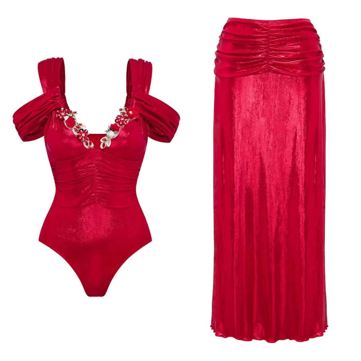 Women's floral swimsuit set with spaghetti straps, one-piece and two-piece options, in pink, red, blue, or gold.