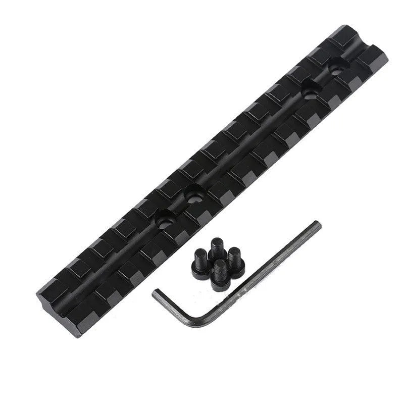 Black aluminium alloy shotgun scope mount with Picatinny rail, Allen key, and four mounting screws