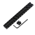 Black aluminium alloy shotgun scope mount with Picatinny rail, Allen key, and four mounting screws