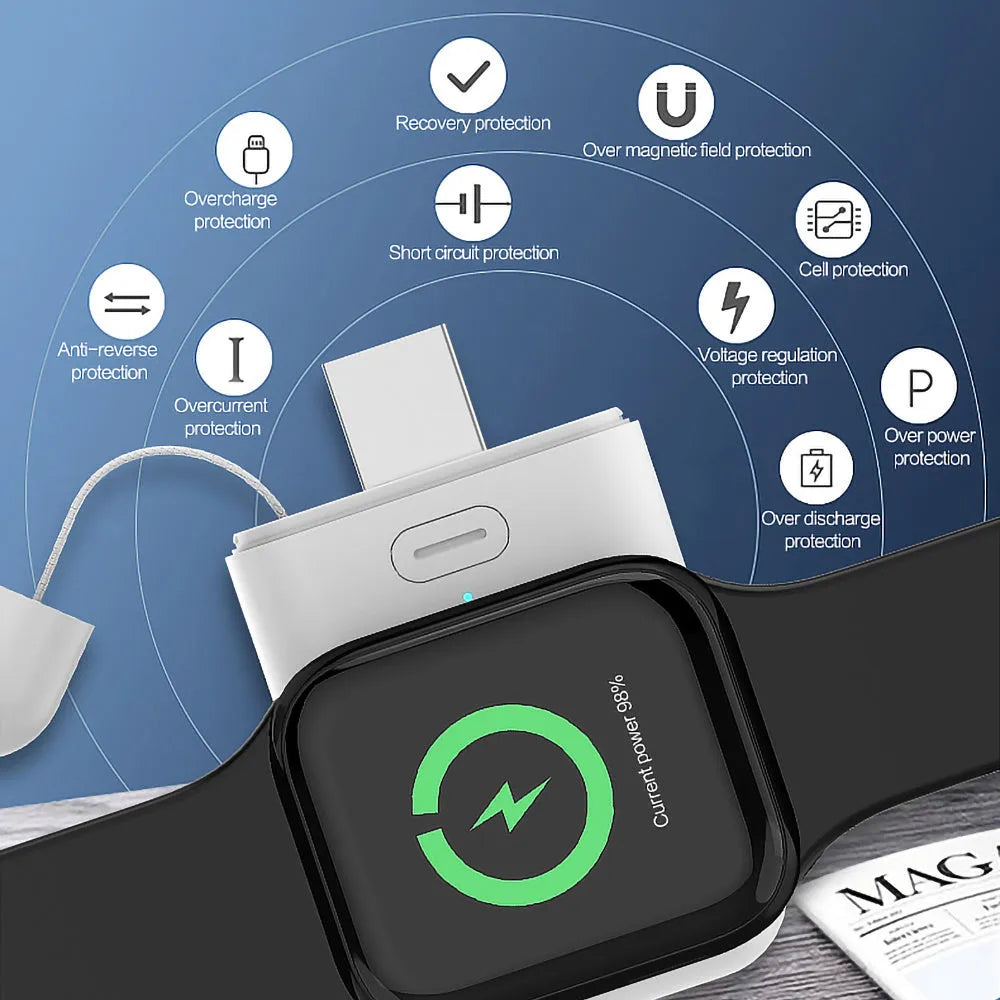 White wireless magnetic portable charger power bank for Apple Watch next to a watch