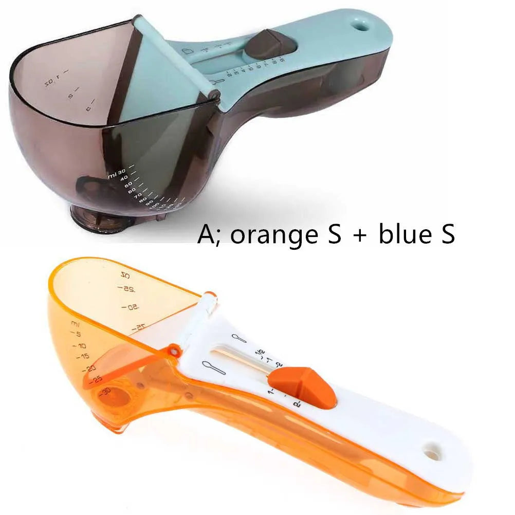 Orange and blue digital measuring spoons with magnetic base and measurement markings.