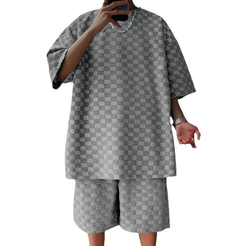 Women's cotton blend plaid jacquard loose straight shorts suit in dark gray, front view