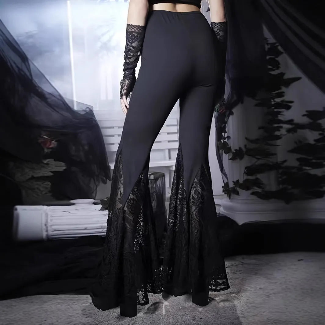 Women's cross black bell-bottom pants with lace stitching, high waist, dark style street fashion