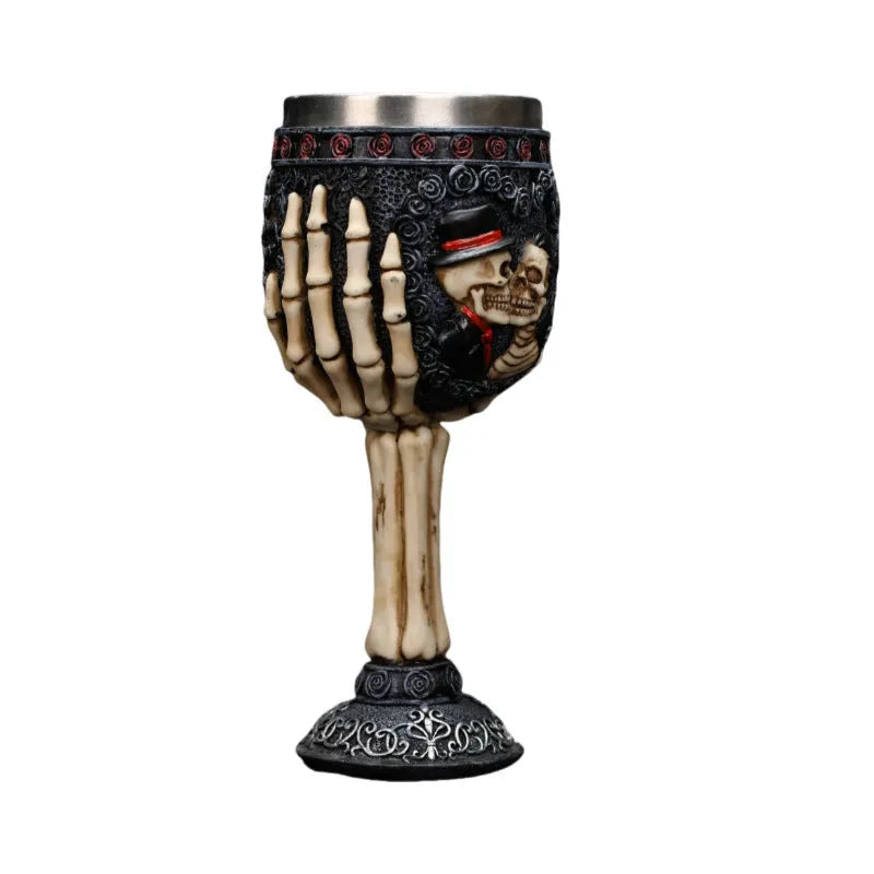 Skull-themed stainless steel wine glass with skeleton design and 200ml capacity