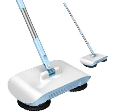 3-in-1 hand push sweeper with 360-degree rotating brush in powder colour, suitable for wood and tile floors