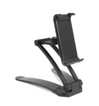 Silver aluminium alloy tablet stand holding a tablet, showing the adjustable clamps and 360-degree rotating hinge.