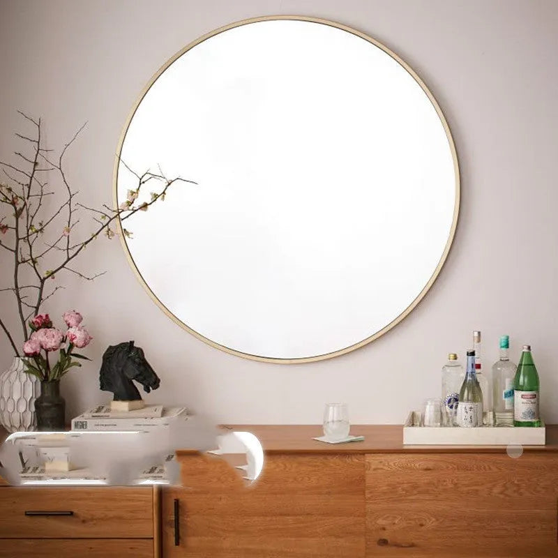 Round iron-framed bathroom wall mirror in black, gold, or white, shown in 30cm and 60cm sizes.