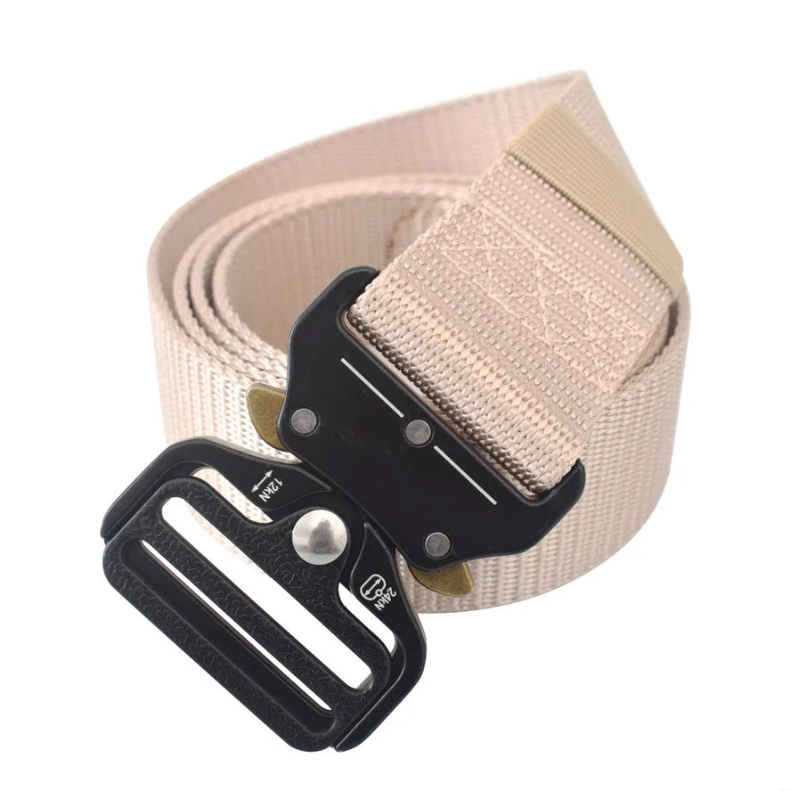 Cobra buckle tactical belt in nylon and zinc alloy, 125cm x 3.8cm, shown in Army Green, Black, and Khaki
