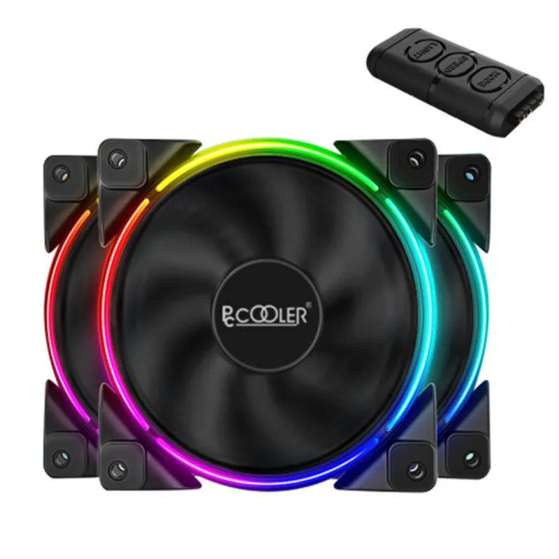 Three black 12cm RGB PC cooling fans with illuminated blades on a dark background.
