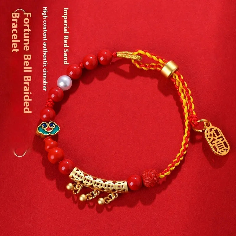 Red cinnabar bead bracelet with hand-woven construction and round geometric elements