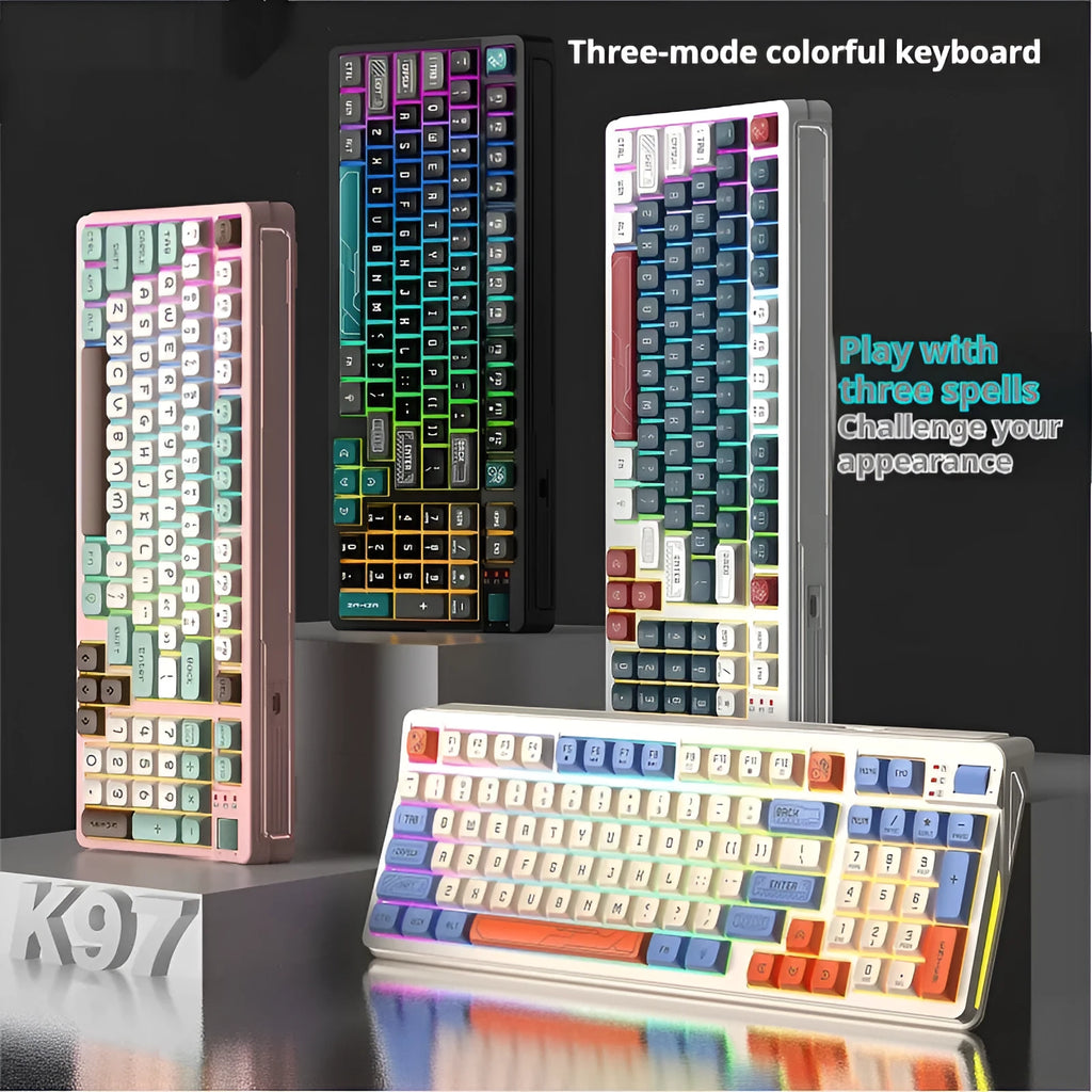 Colourful USB keyboard with luminous backlighting on a desk, showing mechanical-feel keys.