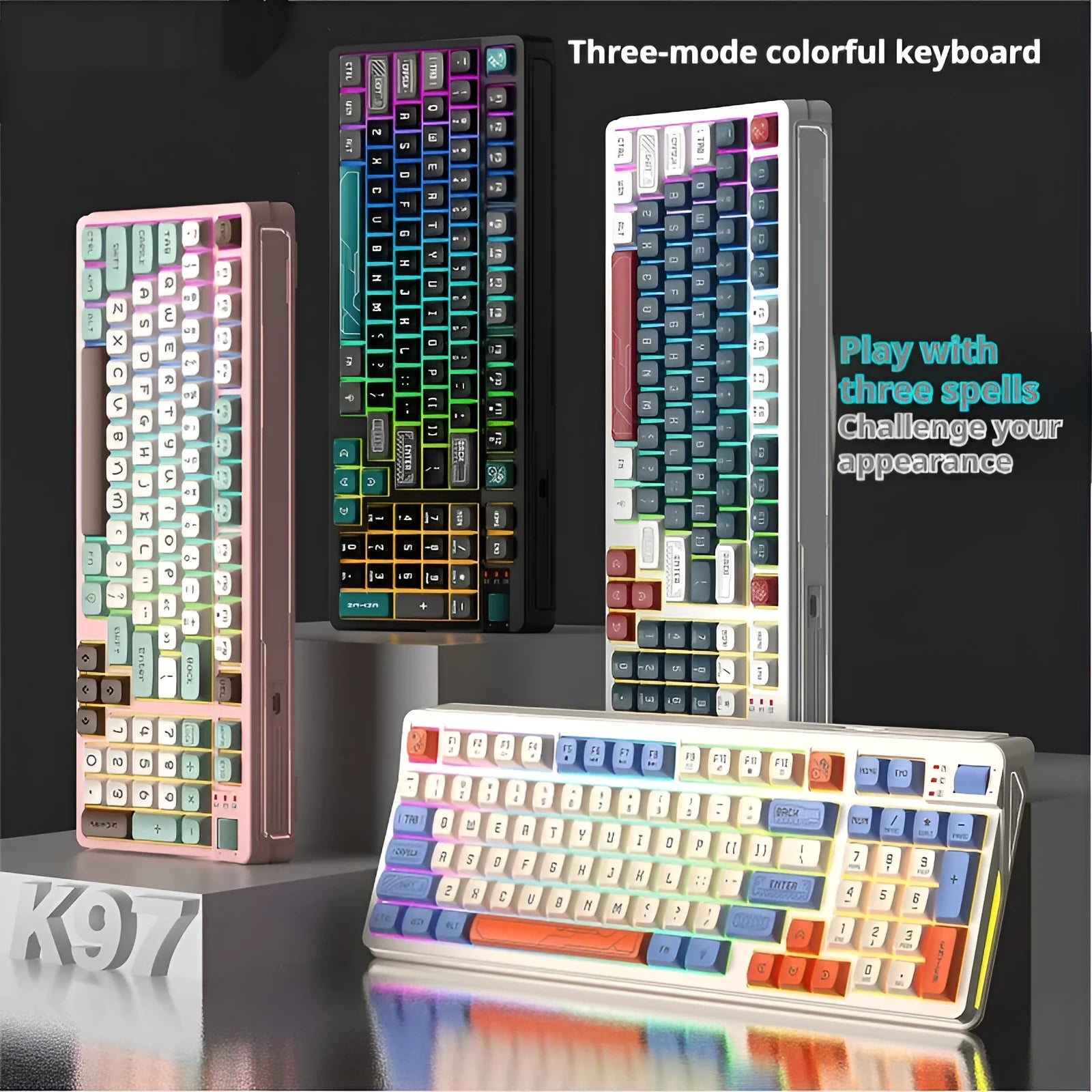 Colourful USB keyboard with luminous backlighting on a desk, showing mechanical-feel keys.