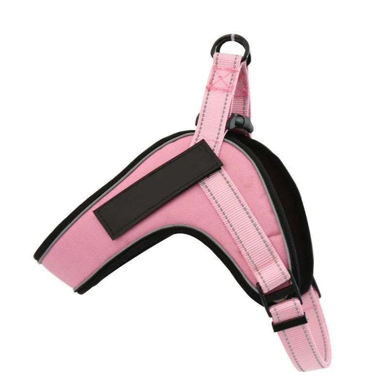 Custom breathable dog harness vest with reflective strip, metal buckle and adjustable Velcro, in blue, black, red, green or pink.