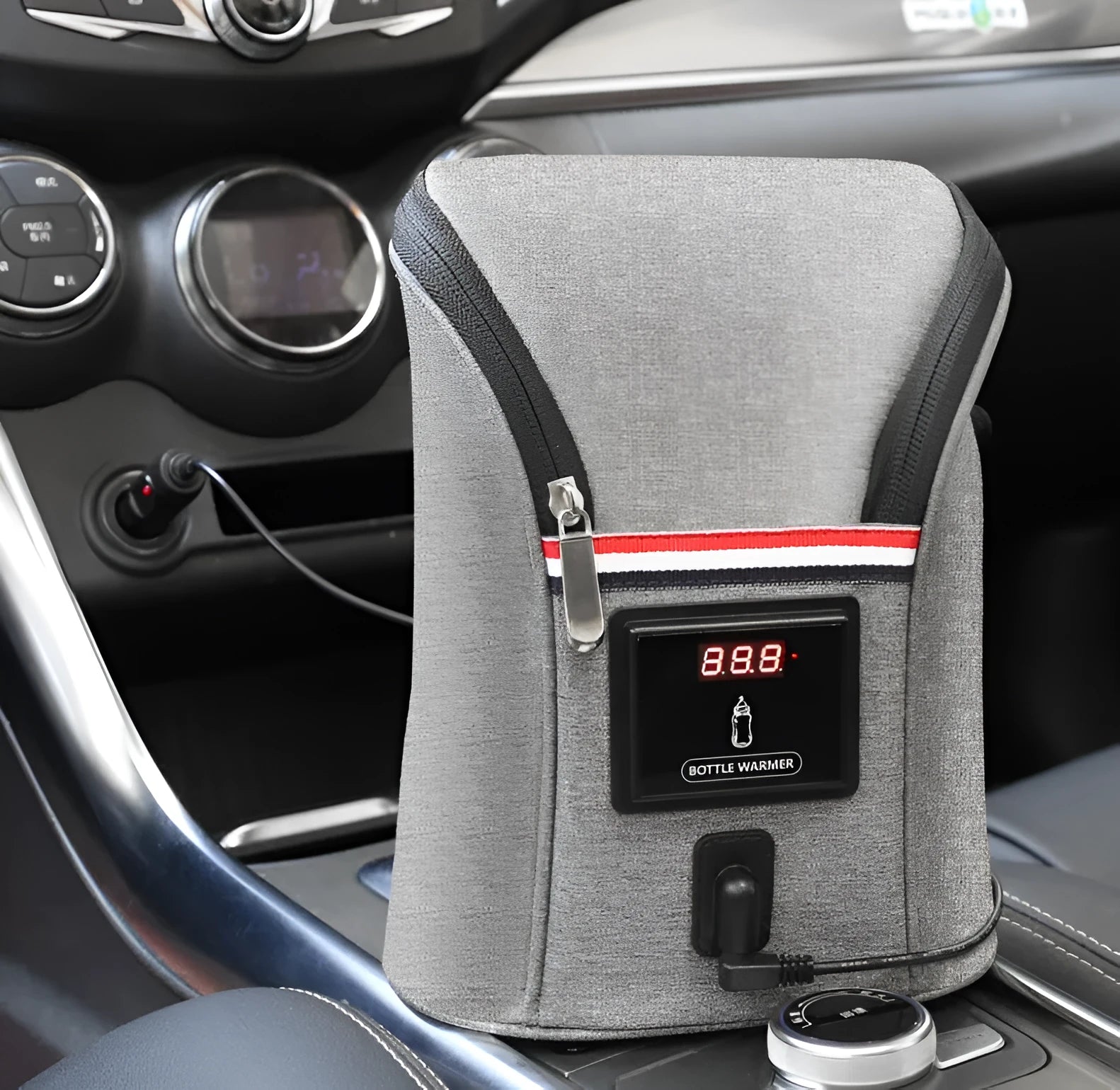 Grey Oxford cloth car USB baby bottle warmer showing temperature display and dual bottle capacity
