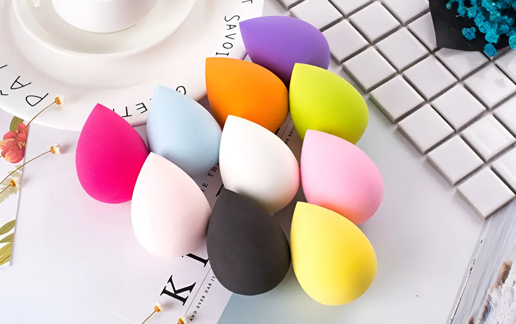 Water drop makeup sponge with fine tip and dome base, latex free foam, available in multiple colours