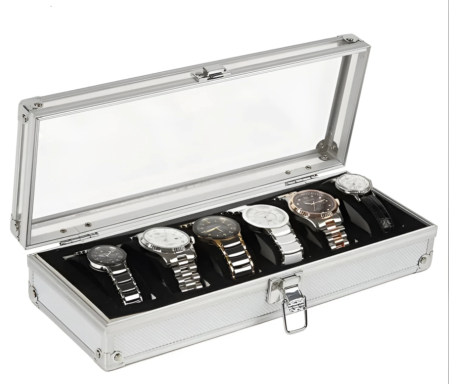 Brushed aluminium watch box holding six watches with a front jewellery storage bin.