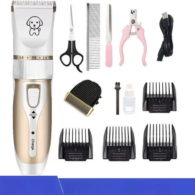 White handled dog grooming clipper kit with ceramic blades, four combs, oil, brush and USB cable on table.