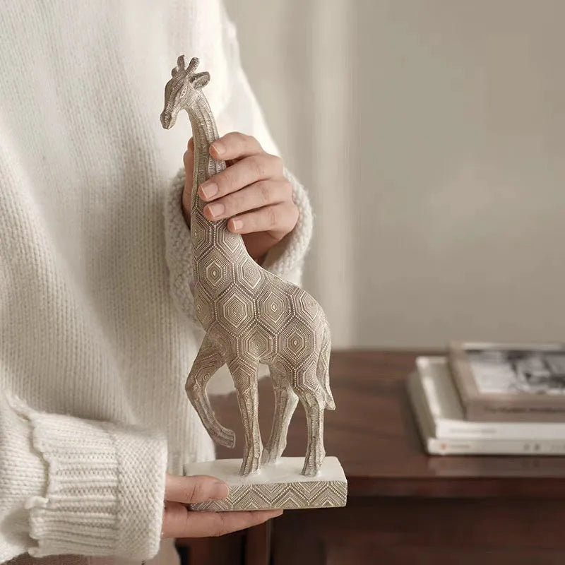 Wood-colour European style giraffe resin ornament for shelf decoration.