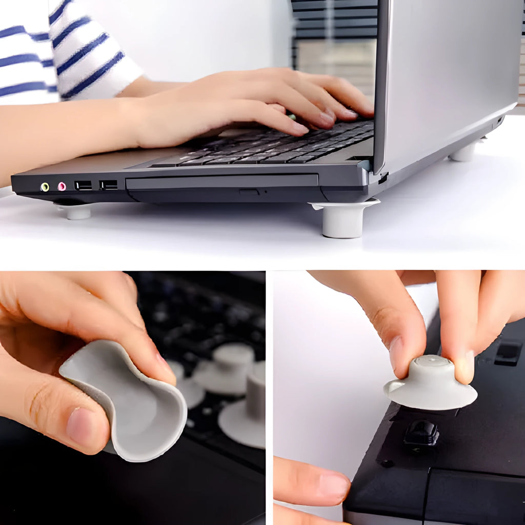 Four grey plastic laptop cooling pads with silicone feet, two large and two small, on a wooden desk.